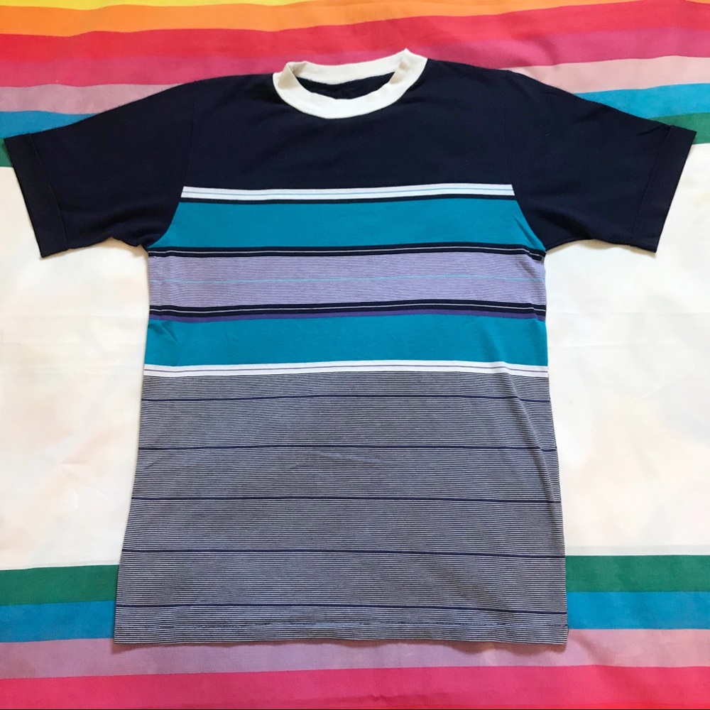 Purple Turqoise 80s Ringer Striped T Shirt Men’s